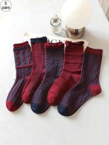 5 Pairs Women's Striped Mid-Calf Socks, Red And Blue Color, Suitable For Autumn/Winter, Indoor, Outdoor Activities And Sports, Fit For Young Adults Aged 18-40