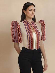 1件 Amyenjoylife 现代菲律宾风格女式衬衫，时尚半透明拼接立领设计，优雅上衣，纽扣衬衫，春夏款，蝴蝶袖菲律宾风格，女士菲律宾短外套 - 紅色 - 查看 5