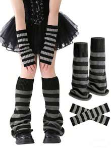 Women's 2pcs Set: 1 Pair Striped Star Leg Warmers + 1 Pair Arm Warmers, Elastic Dance Accessories For Carnival, Anime Cosplay, Knitted Leg Warmers And Arm Sleeves