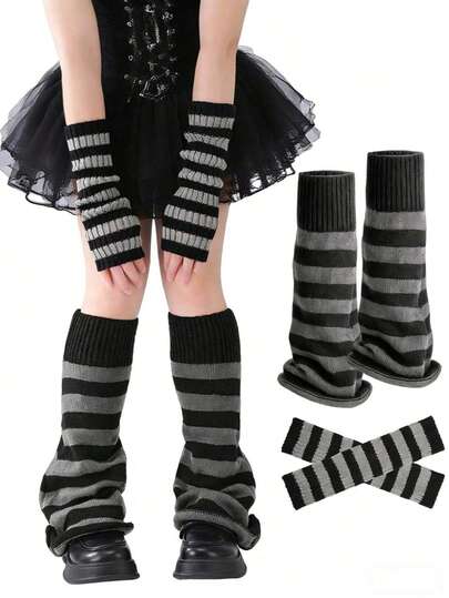 Women's 2pcs Set: 1 Pair Striped Star Leg Warmers + 1 Pair Arm Warmers, Elastic Dance Accessories For Carnival, Anime Cosplay, Knitted Leg Warmers And Arm Sleeves