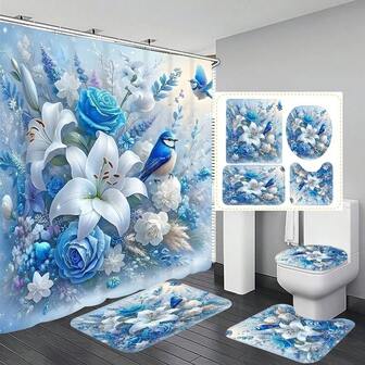 1/4 Pcs Modern Art Floral Print Bathroom Set, Includes Waterproof Shower Curtain With Hooks, Non-Slip Mat, Toilet Seat Cover, U-Shaped Rug, Bathtub Divider, Bathroom Accessories, Home Essentials For Valentine's Day