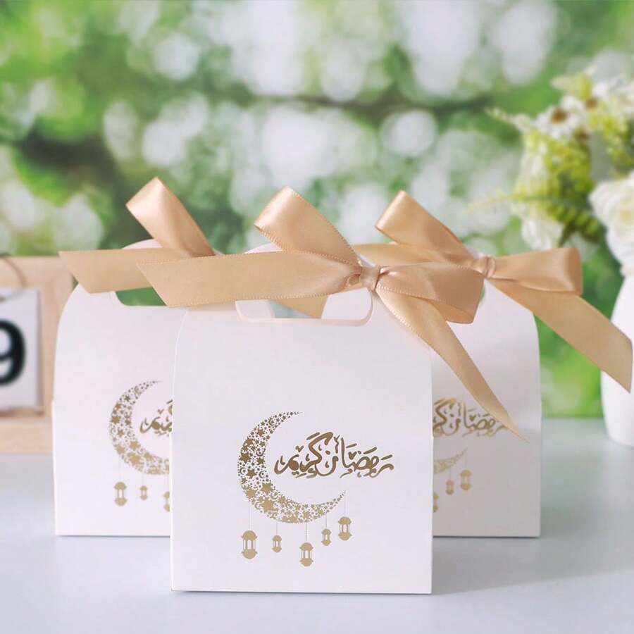 5/20 Pcs Golden Satin Bow Decoration, Paper Packaging For Candy And Small Gifts In Eid Celebrations Eid Mubarak Gift Boxes With Golden Patterned Crescent, Arabic Calligraphy & Hanging Lanterns - Carrying Box - View 1