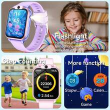 这款 2026 年新款儿童智能手表内置 18 款趣味游戏，配备 1.83 英寸触摸屏、300mAh 电池、超低功耗芯片，以及计步器、相机、手电筒、闹钟、日历、步数计数器、计算器和秒表等功能。 - 彩色 - 查看 10