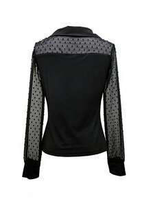 全新网眼波点袖透视性感修身打底上衣 - 黑色 - 查看 5