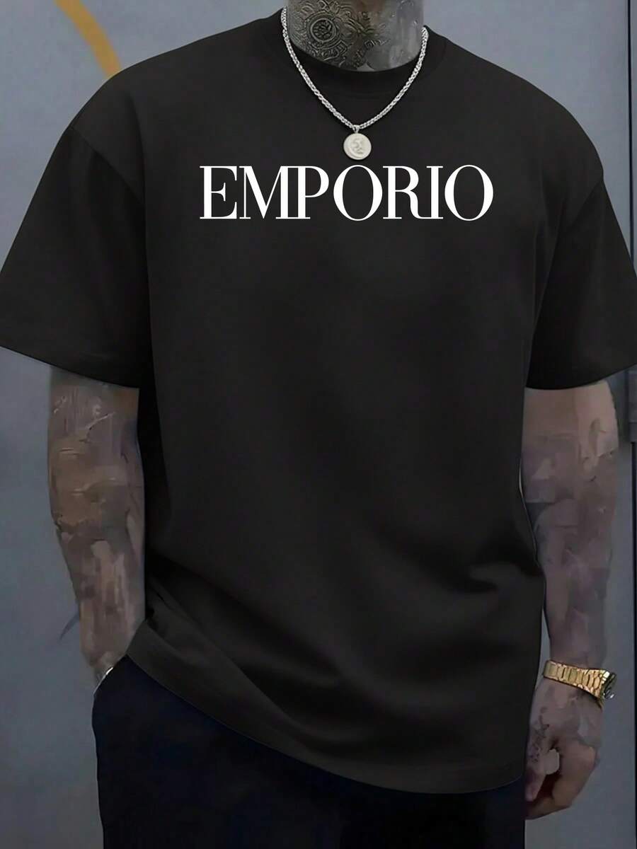 加大码男士简约字母印花圆领短袖休闲T恤，易于搭配，送朋友的最佳礼物 - 黑色 - 查看 1