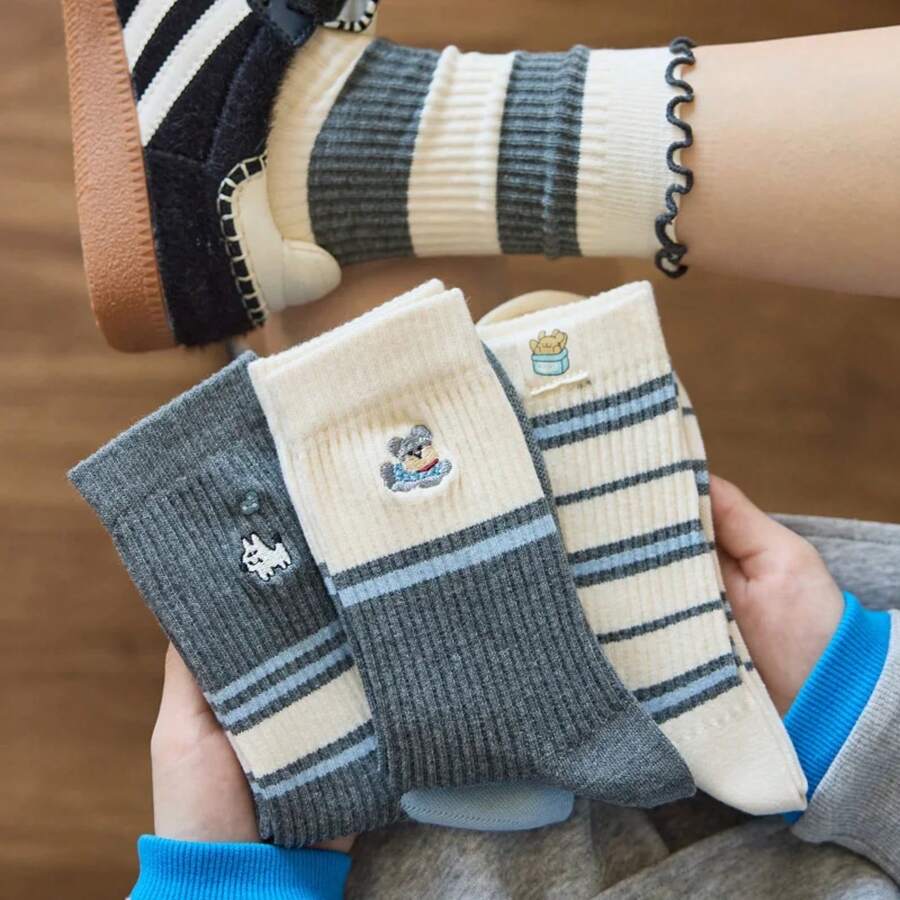 1 3 5 Pares de Calcetines de Algodón para Mujeres, Bordado de Perro de Dibujos Animados, Estilo Coreano Japonés, Bloques de Color, Rayados, Cálidos, Calcetines de Media Pantorrilla - 3 pares al azar - Ver 1
