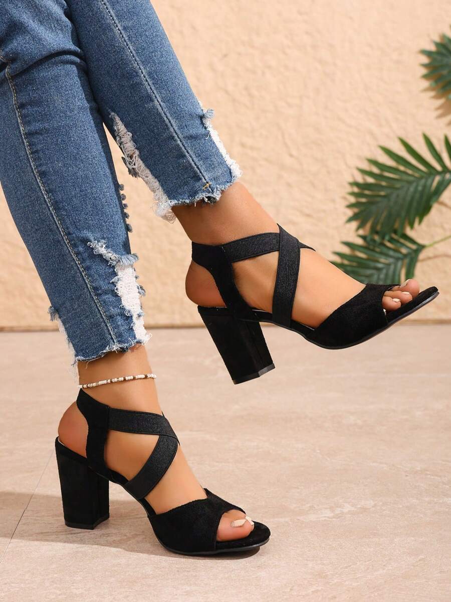 Women's Summer New Thick Heel Sandals, Mom Style Versatile Open Toe Roman High Heel Shoes - Black - View 1