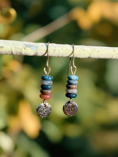 1pair Handmade Distressed Disc & Beaded Earrings, Vintage Creative Mini Stone Bead Earrings For Women