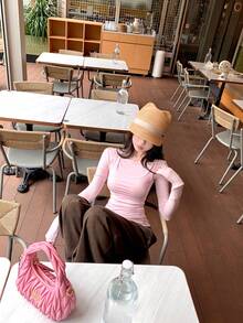 1pc Women's 2 In 1 Long Sleeve T-Shirt, Fitted Undershirt Design - Baby Pink - View 3