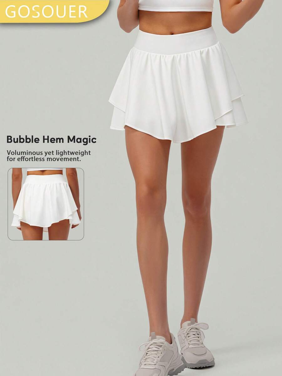 GOSOUER Women's Loose Running Tennis Skirt 2 Pieces Set, Anti-Flashing Golf Fitness Skirt With Pockets - White - View 1