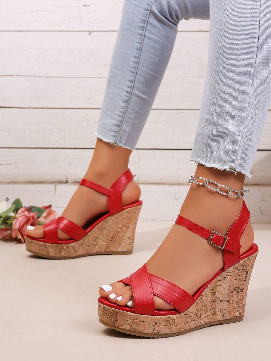 Sandal Wanita Bersol Tebal Model High-Top, Sepatu Bot Motor Platform Ujung Terbuka, Sandal Romawi Serbaguna - Merah - View 1
