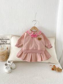 2件套女婴休闲运动时尚可爱小熊蝴蝶结装饰长袖卫衣+百褶裙套装，春秋季 - 粉色 - 查看 5