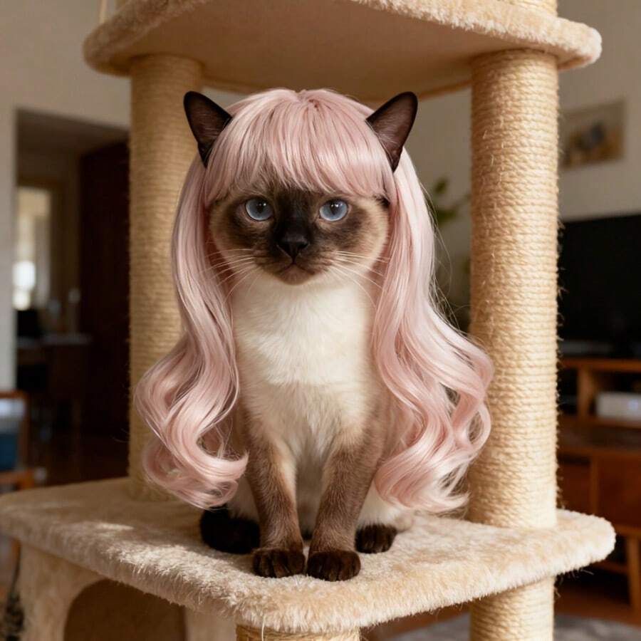 Adjustable Cat Wig, Pink Curly/Wavy Hair With Bangs - Easy-To-Wear Pet Costume Accessory, Suitable For Photography, Theme Parties, Daily Styling - Durable Cat Hair - Baby Pink - View 1