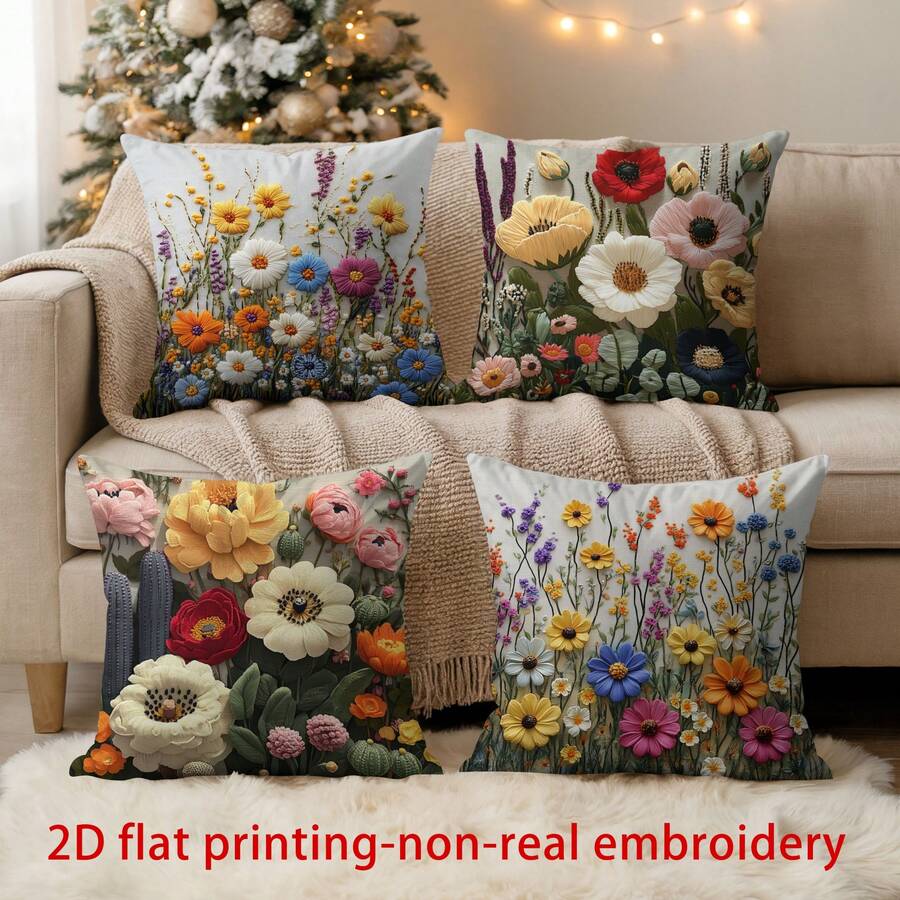 4pcs Modern Floral Print Peach Velvet Throw Pillow Covers, 18" X 18" - Daisy, Cactus Decorative Cushion Covers For Living Room Bedroom Sofa Bed Outdoor, No Pillow Inserts (Not Real Embroidery) - Multicolor - View 1