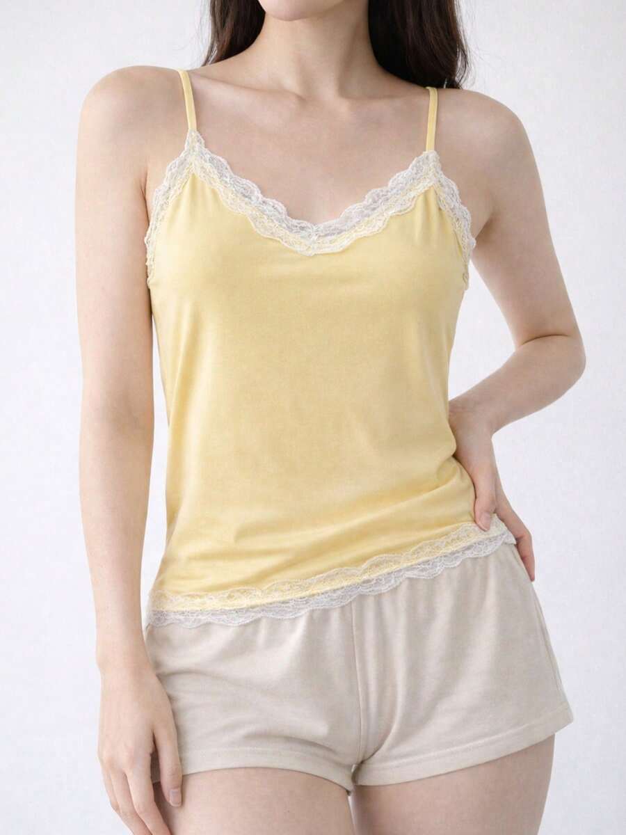 Women's Lace Trim Camisole With V-Neck, Spaghetti Strap Solid Color Tank Top For Summer Layering - 黃色 - 查看 1