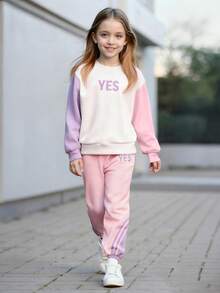 2 Stücke Mädchen Lässig Sweatshirt und Hose Set, Buchstaben Muster Farbblock Langarm Rundhals Top und weiche Strick Jogginghose, Frühling/Herbst - Mauve - Übersicht 2