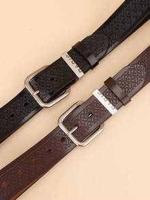 1 pièce Ceinture en cuir PU avec boucle carrée métallique vintage gaufrée pour femmes