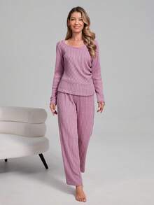 Women's Fashion Ribbed Knit Loungewear Set, Sweet & Slouchy Essential, Lightweight & Fluffy, Anti-Pilling, Warm & Cozy All Night - Hot Pink - View 3