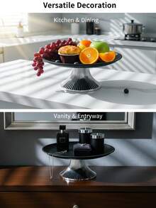 1pc Stainless Steel Round Tray, Metal Tray With Silver Base, Retro Design, Home Decor, Dessert Serving Tray, Party Decoration Platter - Black - View 4