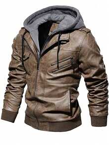 男士休闲连帽拉链长袖外套 - 卡其色 - 查看 3