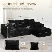 NIZULA FOAM 106"L Shape Sofa,(Black) Modern Modular Couch For Living Room Bedroom,No Assembly Required, Ready To Use, Comfy Plush Corduroy Fabric ,Sofa De Sala,Couch,Sofa Cama,Muebles Para Sala, Inflatable Chair, Couch For Living Room, Couch, Sofa De Sala, Recliner Chair, Furniture,(The Pedals Is Available Separately Or To Pair With The Sofa) - Black Right Facing Chaise - 查看 2