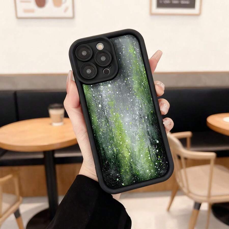Cubierta de teléfono con borde negro diseño de bosque verde estrellado para uso diario en cafeterías y espacios modernos,Aplicable a los teléfonos de la serie Apple y Galaxy - Café integral - Ver 1