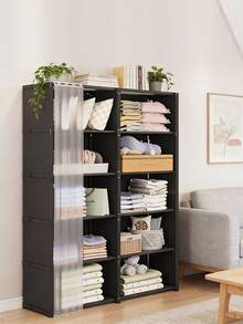 Portable Bookshelf With Curtain, Black Multifunctional Storage Cabinet, Suitable For Office, Bedroom, Bathroom, Dust-Proof Wardrobe, Easy To Assemble, Open Storage Cabinet With Partition, Large Capacity Storage Rack, Can Be Used As Decorations, Holiday Decorations, Room Decorations, Home Decorations, Bedroom Decorations, Can Store Dresses, Pants, Shoes, Jeans, Boots, Skirts - Multicolor - View 2