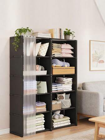 Estantería portátil con cortina, gabinete de almacenamiento multifuncional negro, adecuado para oficina, dormitorio, baño, armario a prueba de polvo, fácil de ensamblar, gabinete de almacenamiento abierto con partición, estantería de gran capacidad, se puede usar como decoración, decoración navideña, decoración de habitación, decoración del hogar, decoración de dormitorio, puede almacenar vestidos, pantalones, zapatos, jeans, botas, faldas