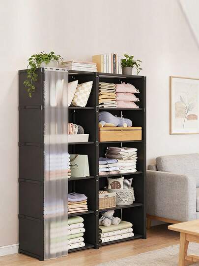 Portable Bookshelf With Curtain, Black Multifunctional Storage Cabinet, Suitable For Office, Bedroom, Bathroom, Dust-Proof Wardrobe, Easy To Assemble, Open Storage Cabinet With Partition, Large Capacity Storage Rack, Can Be Used As Decorations, Holiday Decorations, Room Decorations, Home Decorations, Bedroom Decorations, Can Store Dresses, Pants, Shoes, Jeans, Boots, Skirts