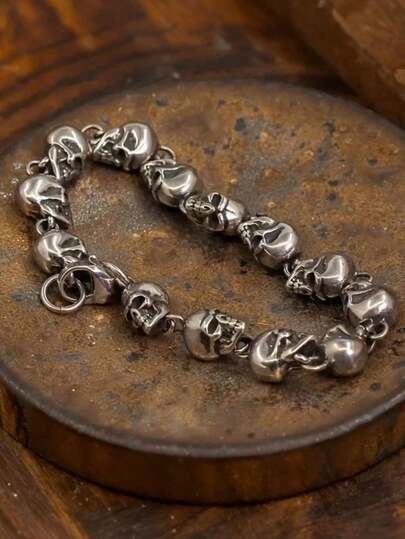 1入組銀色骷髏頭朋克搖滾風格男士手環