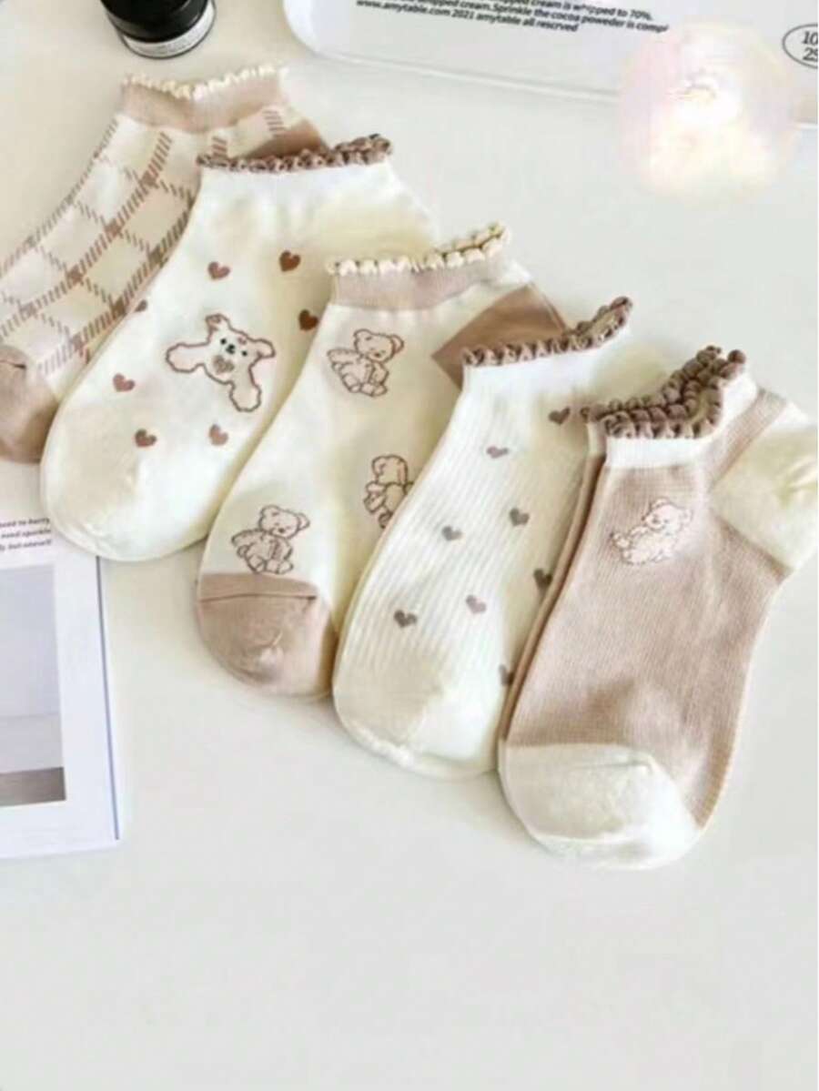 3 pares de calcetines de tobillo transpirables con diseño de osos y corazones lindos para mujer - Multicolor - Ver 1