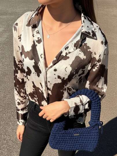 Blusa casual diaria de mujer GMFP, con botones ocultos, estampado animal e impresión de salpicaduras de tinta, manga larga y holgada, adecuada para Año Nuevo/Día de San Valentín