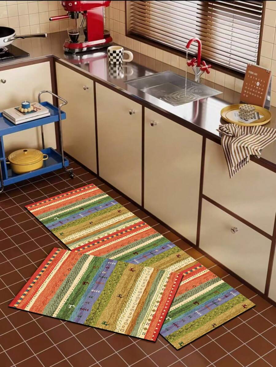 1pc Silica Gel Kitchen Mat, Striped Patchwork Pattern: Multicolored Stripes In Red, Green, Yellow, Blue As The Base, With Small Icons (E.G. Trees, Geometric Patterns) Integrated, Overall Has A Retro Folk Style Patchwork Look With Exotic Or Rustic Vibe, Luxury Fashion Kitchen Carpet, Cushioned Anti-Fatigue