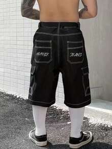 Men's Casual Original Color Printed Wide Leg Denim Shorts - Black - View 1