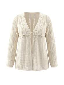 女士白色钩针编织开衫 | 系带V领长袖薄纱罩衫，适合海滩度假 - 杏色 - 查看 8