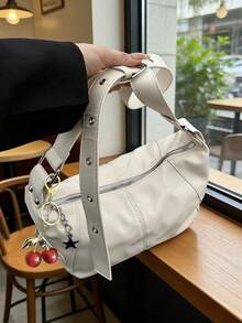 复古潮人小众设计皮革拉链单肩手提包 - 米色 - 查看 4