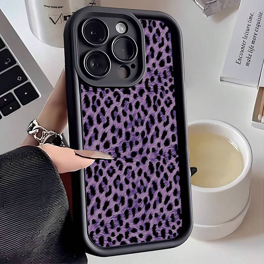 1pc Purple Plush Leopard Print Stylish & Luxury Cute Simple European And American Style Beautiful Fashion Soft Phone Case With Matte Black Lens Frame Design, Compatible With Samsung/Galaxy/Compatible With OPPO/Compatible With VIVO/Compatible With Honor/Compatible With Realme,International Version, Not The Domestic Version