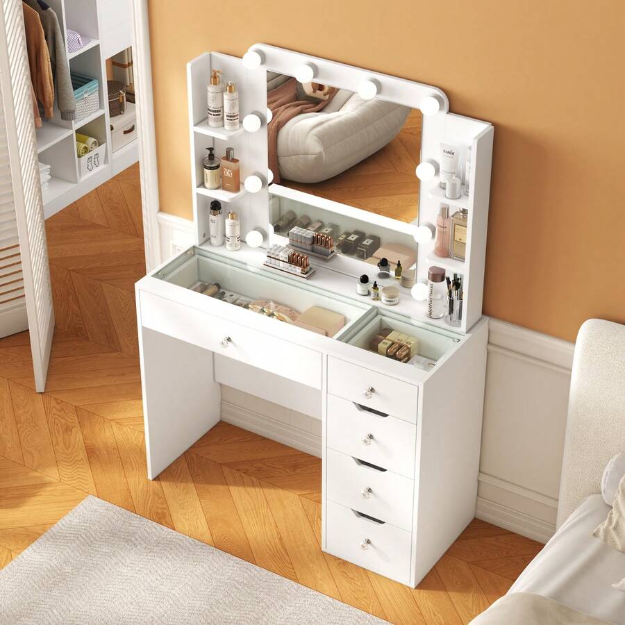 35.5" Modern Vanity Desk With Lighted Mirror, Makeup Vanity Table With Glass Top, 10 USB Power Bulbs Mirror 3 Color & Brightness Adjustable,Bedroom Vanity Set For Girls Women,New Year Gift - 白色 - 查看 1