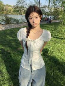 Sweet Round Neck Bow Tie Waist Ruffle Short Sleeve Blouse For Women White Summer - White - View 8