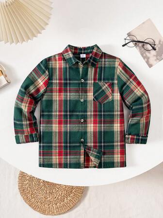 Camisa de manga larga a cuadros rojos y negros, estilo casual de calle para niño