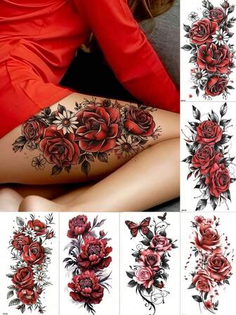 6 Sheets Realistic Rose Tattoos Waterproof Flower Temporary Tattoos Stickers For Women Fake Tattoos For Various Festival Makeup Accessories Valentine Day Party Favors
