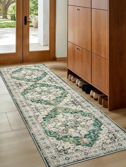 1pc Blue Rug, Bohemian Style, Faux Wool Jelly Bottom Long Rug, 1000g/Sqm, Non-Slip Backing, Suitable For Living Room, Bedroom And Other Spaces, Machine Washable, Low Pile, Applicable For Kitchen, Hallway, Dining Room, Office, All Seasons