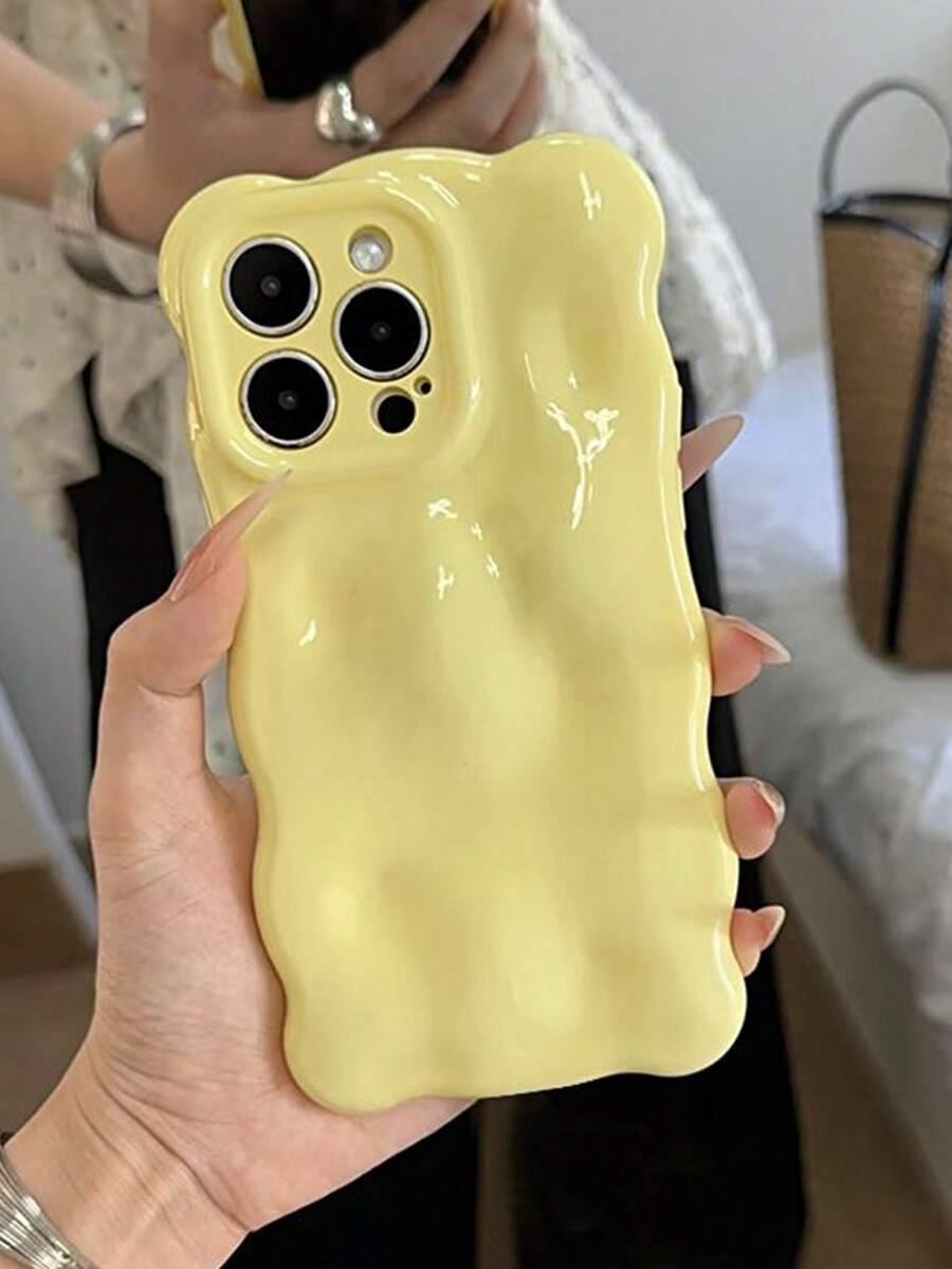 糖果色3D立方体实心波浪纹软手机壳，兼容 17 Pro Max、17 Pro、17 Air、17、16、15、13 Pro Max、11、12、14 Pro Max，可爱马卡龙亮面防震手机壳 - 黃色 - 查看 1