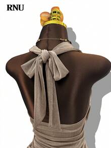 RNU 卡其棕色露背垂褶领/金属纽扣镂空/极简亮片弹力修身下摆，女士休闲夜店商务休闲音乐会服装/办公室穿着，高弹修身休闲日常/情人节/狂欢节/新年/生日连衣裙，性感夜店派对/街头/度假/旅行/约会，春夏新款迷你裙 - 咖啡棕 - 查看 9