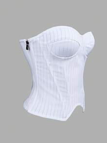 Áo croptop quây không dây Yuwenier gợi cảm và thanh lịch, kẻ sọc, vạt áo bất đối xứng, khóa kéo bên hông, kiểu áo quây hở lưng, thích hợp cho ngày Valentine, hẹn hò, lễ hội âm nhạc, đám cưới. - trắng - Xem 6