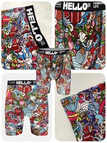 3件套随机款式男士涂鸦印花长款拳击短裤，透气舒适速干弹力腰带运动短裤，沙滩/泳池泳裤，创新男士内衣 - 彩色 - 查看 7