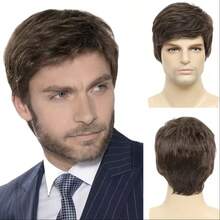 Peluca con flequillo corto y capas de 10 pulgadas de color marrón para hombres, adecuada para uso diario y disfraz de Halloween - Marrón - Ver 5