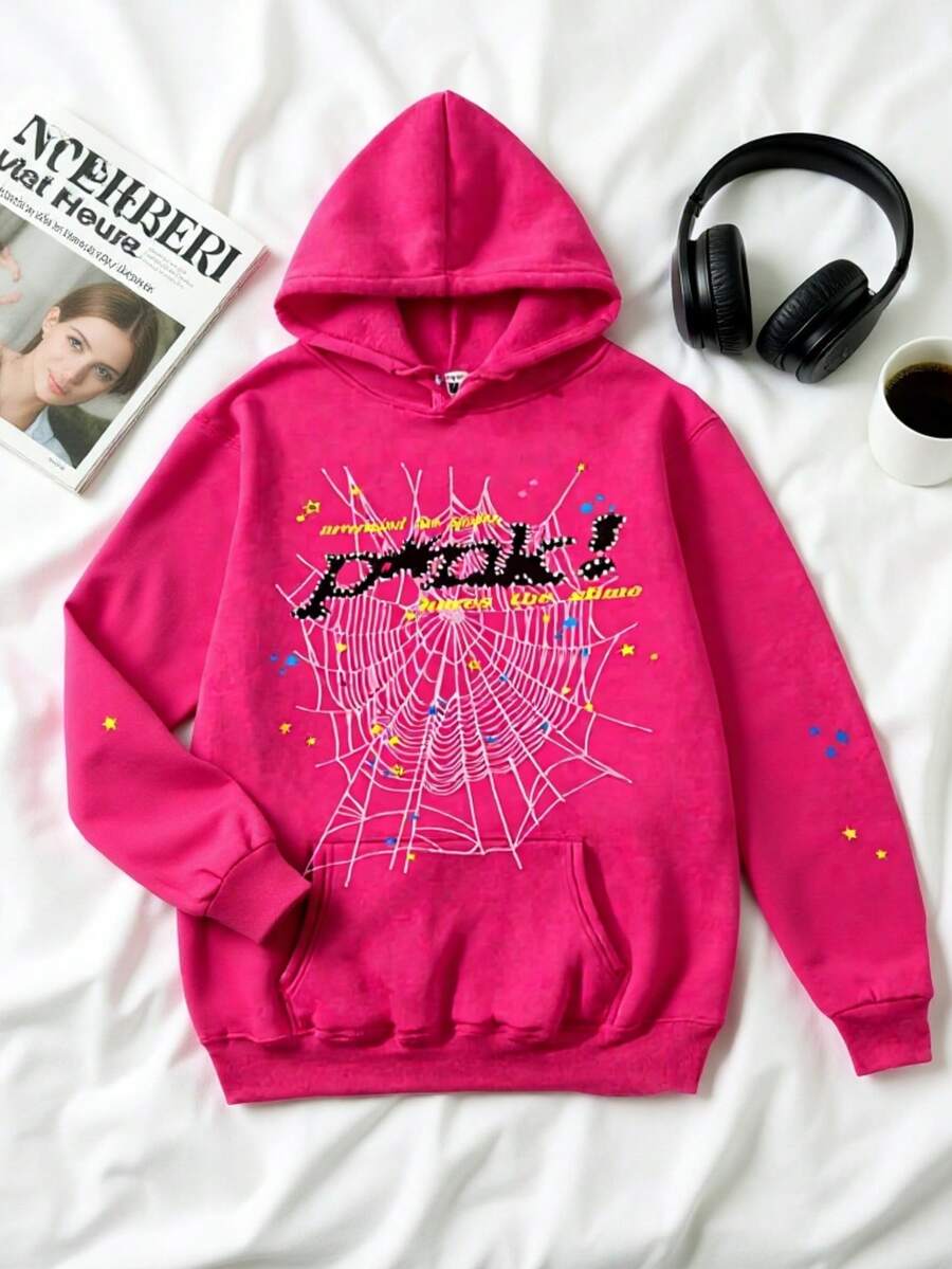 Women's Hip Hop Spider Web Pattern Graphic Alphabet Print Y2k Hoodie - Màu Hồng Tươi - Xem 1