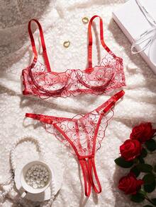全新欧美风格女士性感内衣套装，花卉刺绣钢圈文胸和透气蕾丝边丁字裤 - 紅色 - 查看 3