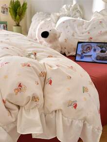 4pcs Lace Bedding Set, Soft & Comfortable Bedroom Linens, Lace Design, Cartoon Pattern, Breathable & Soft All-Season Bedding Set, Including 1 Duvet Cover, 1 Bed Sheet, 2 Pillowcases, No Filling, Suitable For Bedroom, Dorm, Home Use, Multiple Sizes Available - Red - View 5